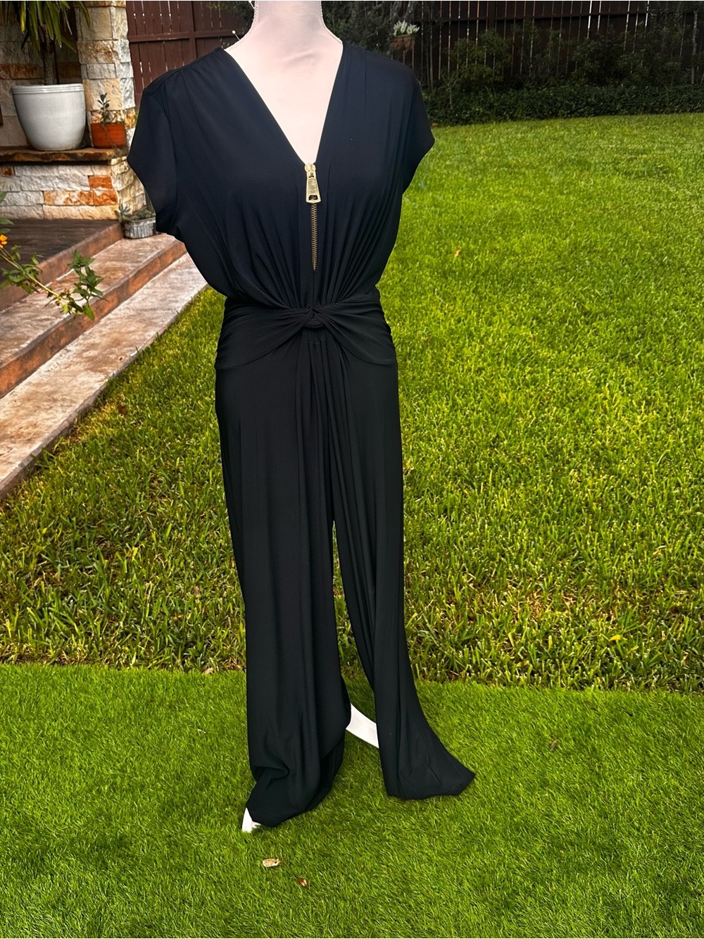 Black Knot-Front Jumpsuit with Gold Zip